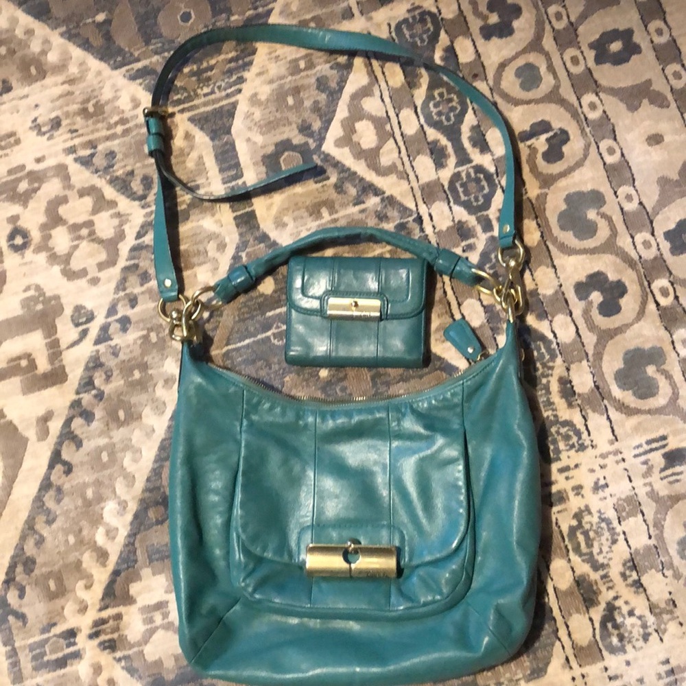 Vintage Coach used green purse and wallet brass hw